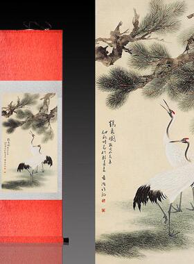 松鹤延年鹤寿图丝绸画卷轴画中堂挂画国画水墨画花鸟画客厅装饰