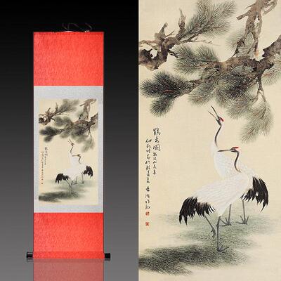 松鹤延年鹤寿图丝绸画卷轴画中堂挂画国画水墨画花鸟画客厅装饰