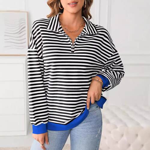 Striped long sleeved sweatshirt jacket for women