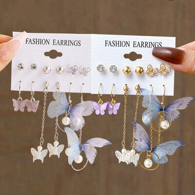 Butterfly pendant earrings set pop Ear stud少女流行耳针耳饰