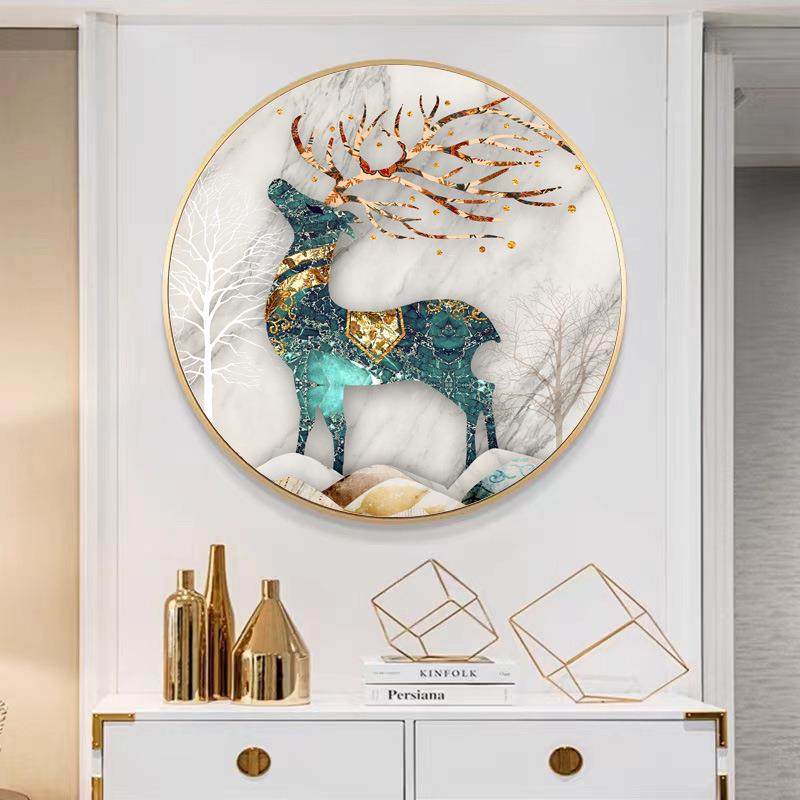 抽象彩色动物圆形装饰画发财鹿小马客厅书房挂画入户玄关走廊壁画