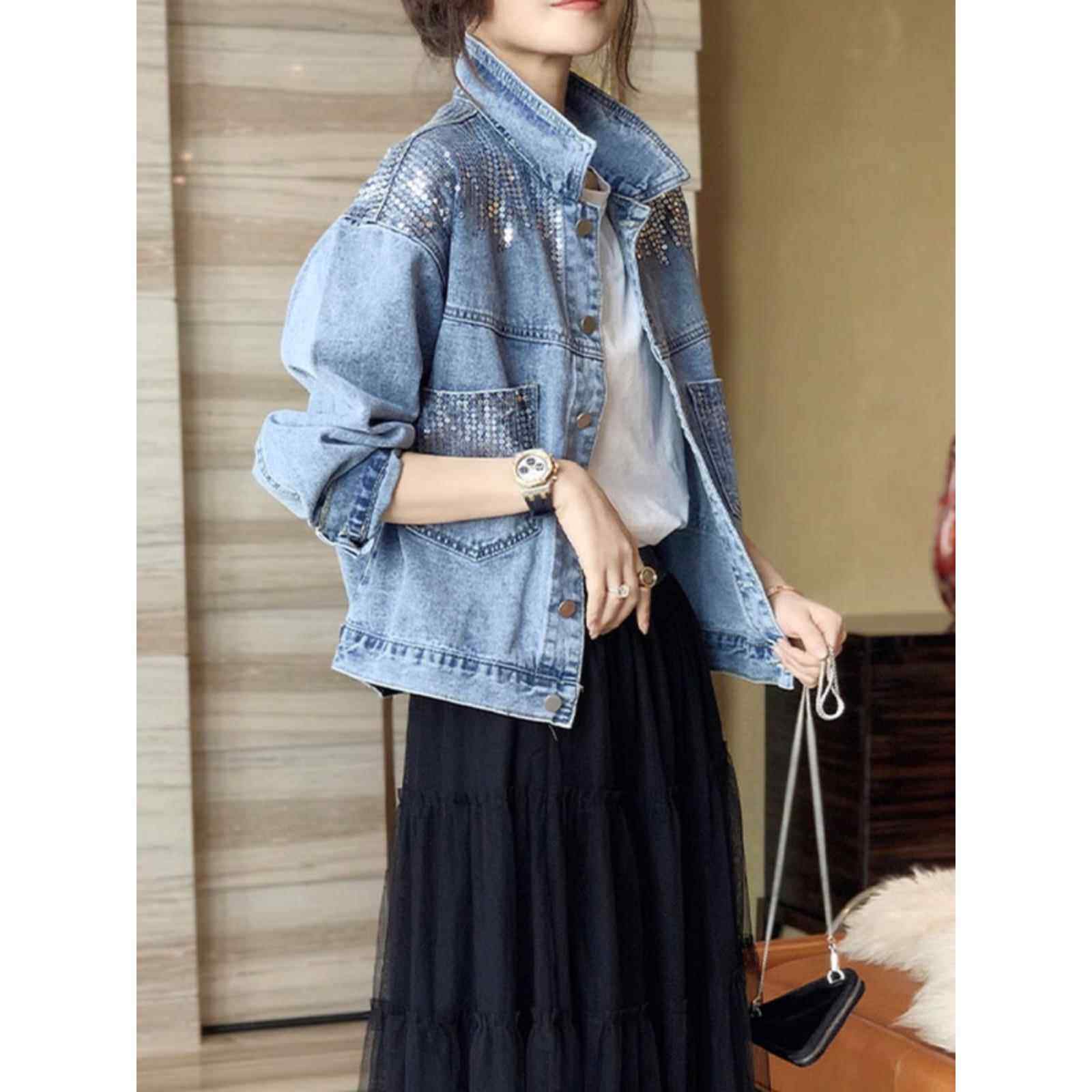 欧洲站蓝色亮片牛仔外套女2025年春秋新款时尚港味减龄休闲夹克潮