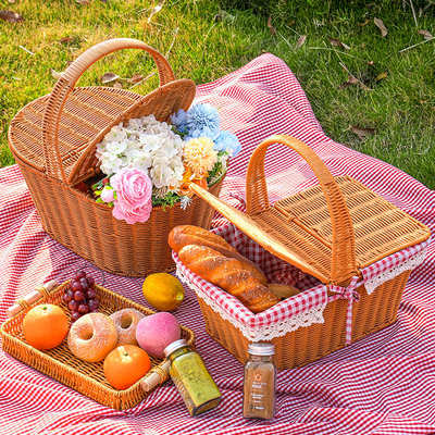复古手提篮户外野餐篮子翻盖藤编收纳篮超市大容量蔬菜水果购物篮