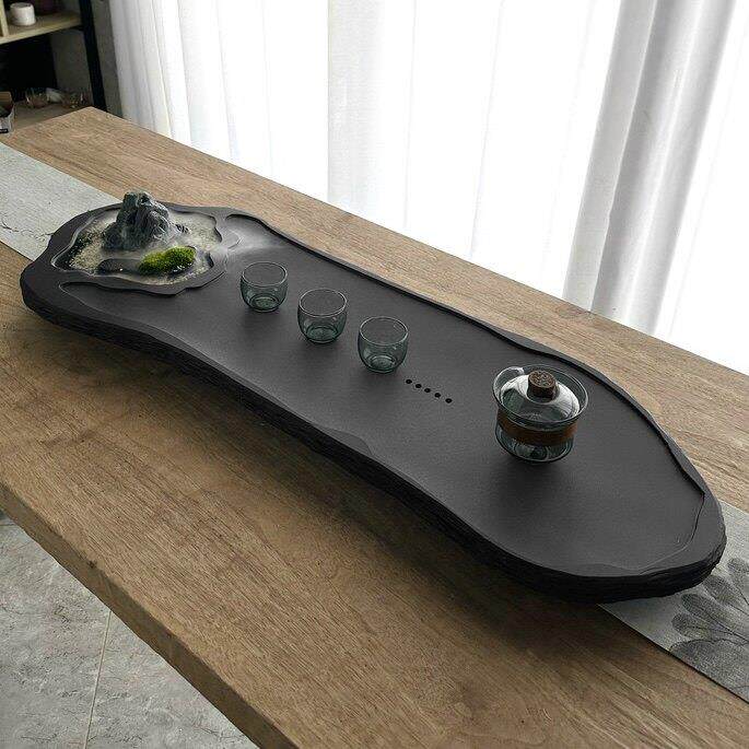 轻奢高端乌金石茶盘创意雾化生态景观茶台异形排水石材托 托盘泡