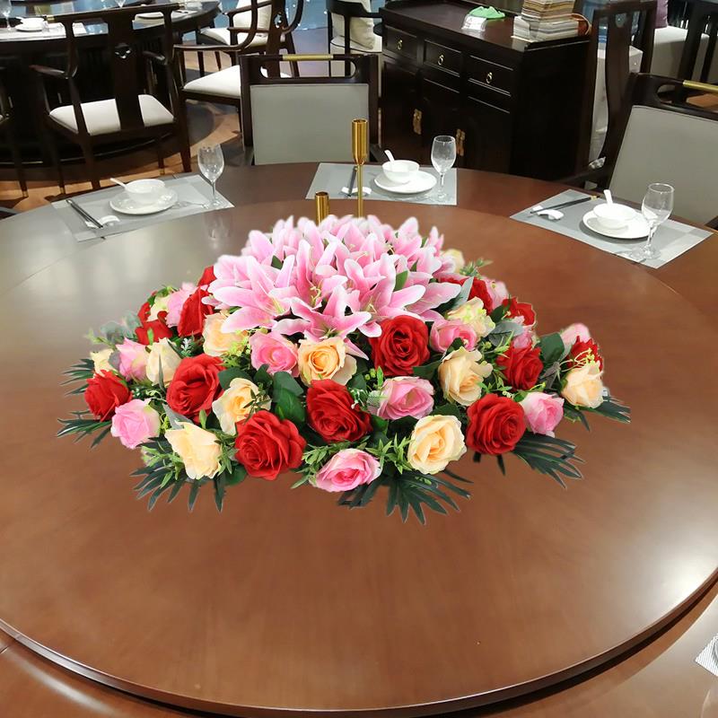 酒店大圆桌中间装饰摆花餐桌圆形假花摆件餐厅绢花饭店桌面花