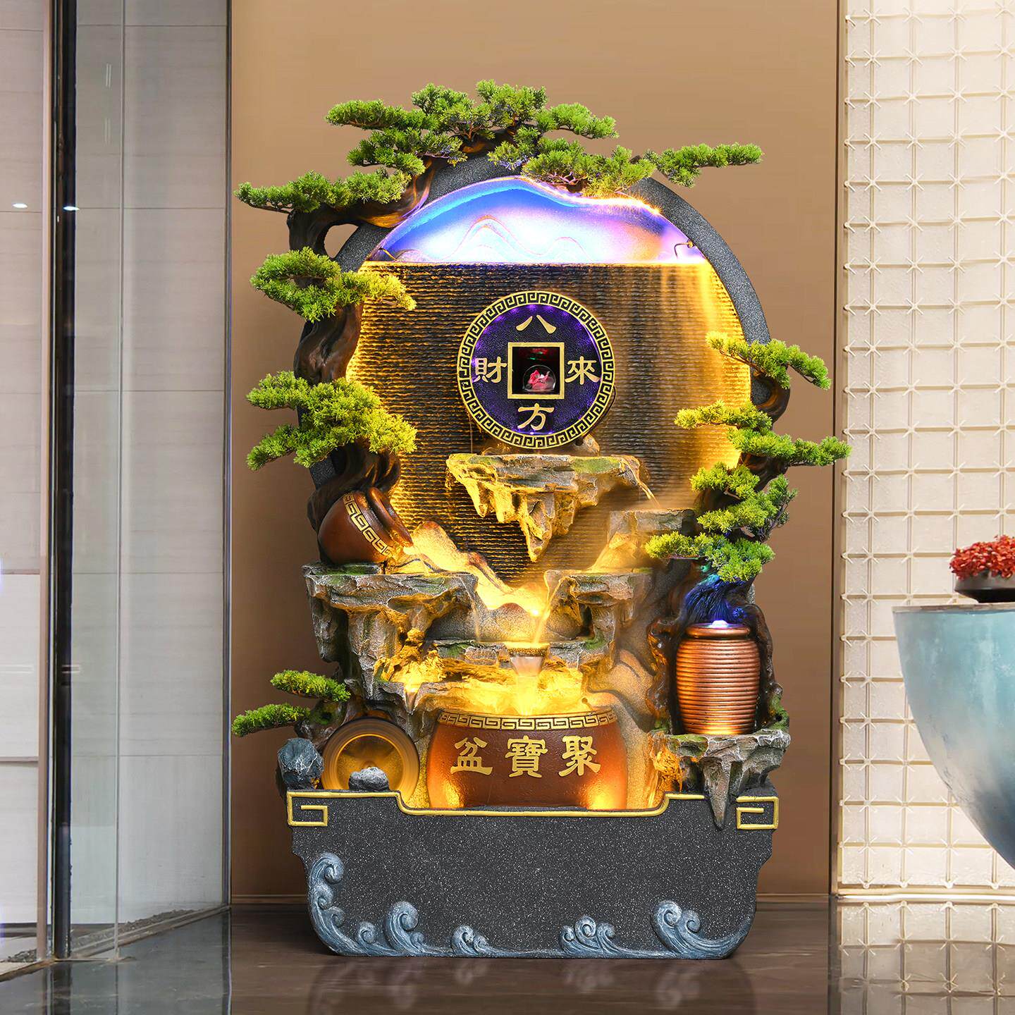 招财聚宝盆客厅办公室玄关水幕墙屏风假山瀑布流水落地摆件循环水