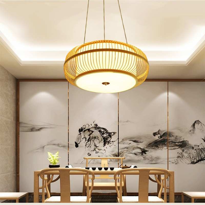 复古竹编吸顶灯圆形中式禅意饭店茶室灯藤编吊灯复古客厅卧室灯具