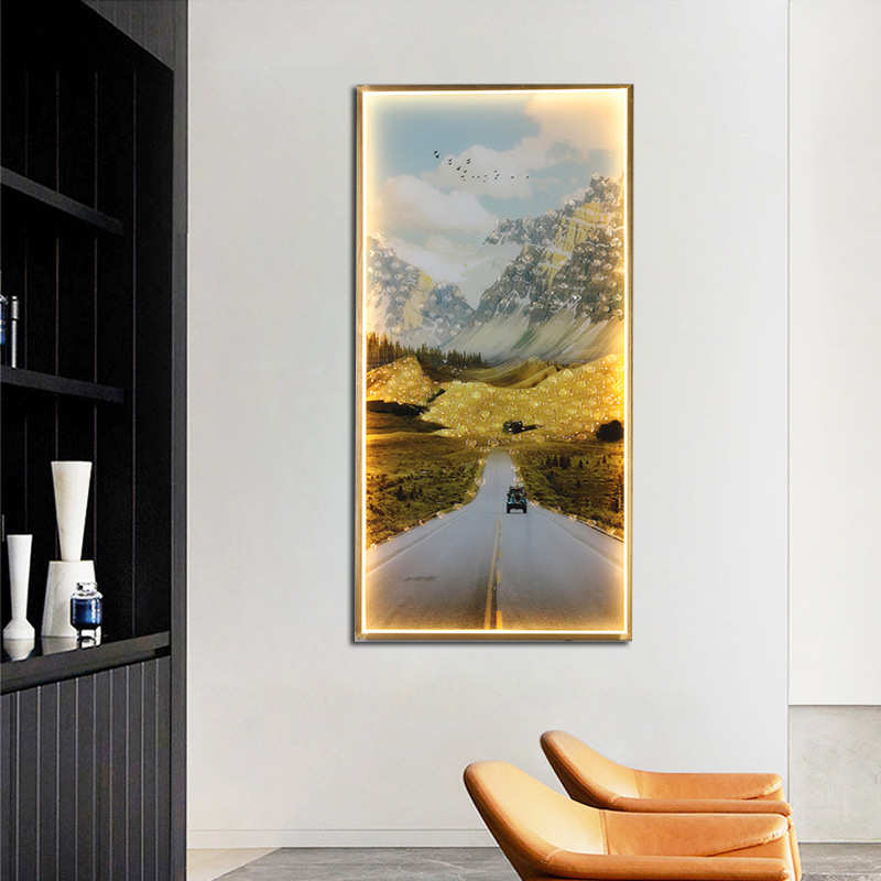 时尚竖版壁画灯方形客厅卧室餐厅带灯壁画背景墙装饰led晶瓷壁灯图片
