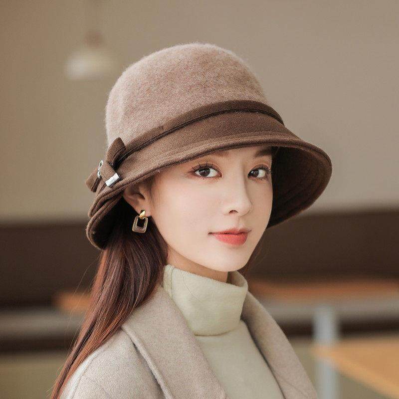 春季渔夫帽子女呢韩版保暖英伦盆帽休闲百搭优雅小礼帽0103z