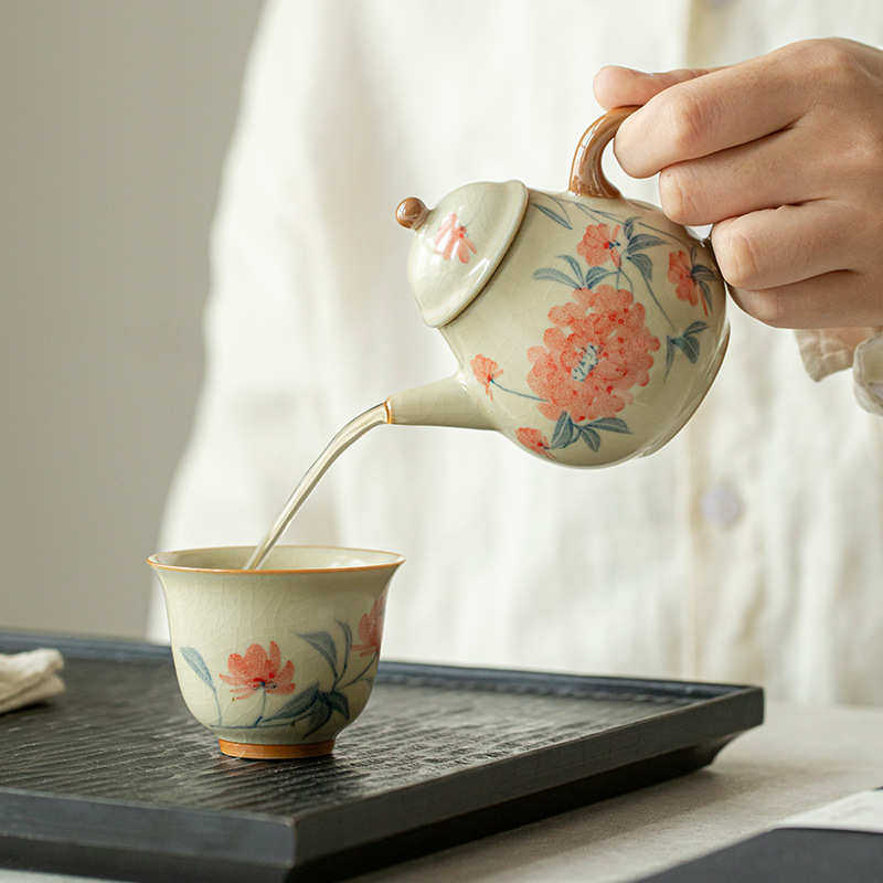手绘汝窑茶壶釉下彩芙蓉花开片可养泡茶器家用功夫茶具陶瓷小壶