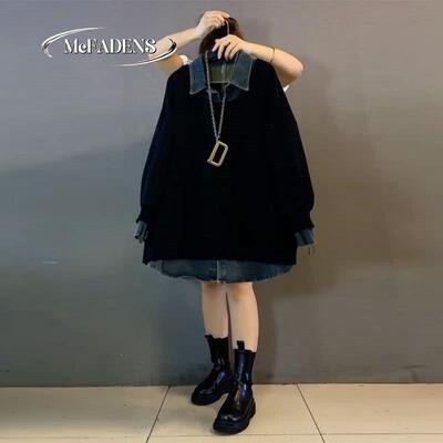 香港胖妹妹大尺码女装新款时尚韩版宽松休闲简约牛仔领拼接厚T恤