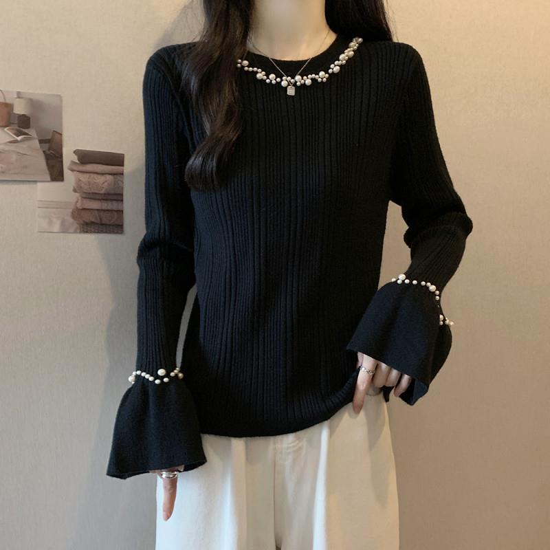大码女装钉珠喇叭长袖针织衫秋冬胖mm遮肉显瘦打底内搭上衣0922e