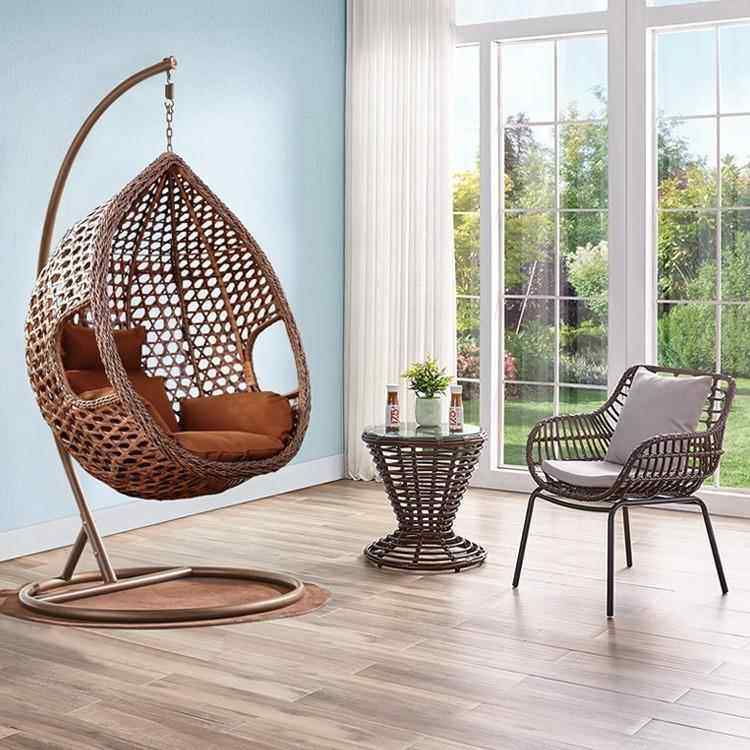 户外藤编秋千三件套组合花园庭院吊篮组合藤编桌椅鸟巢吊椅家具