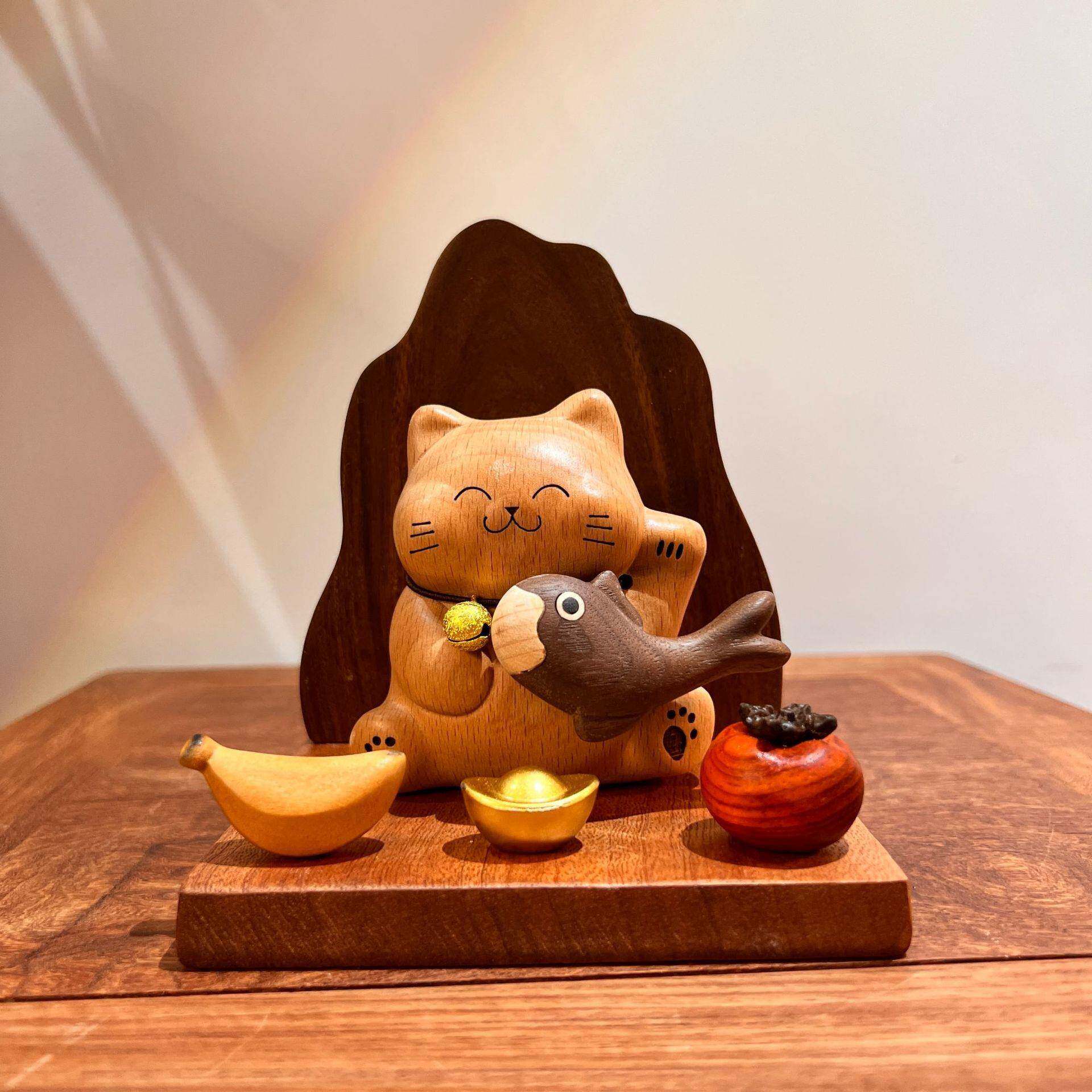 靠山猫神实木质创意玄关招财猫摆件开业乔迁礼品收银台桌面装饰品