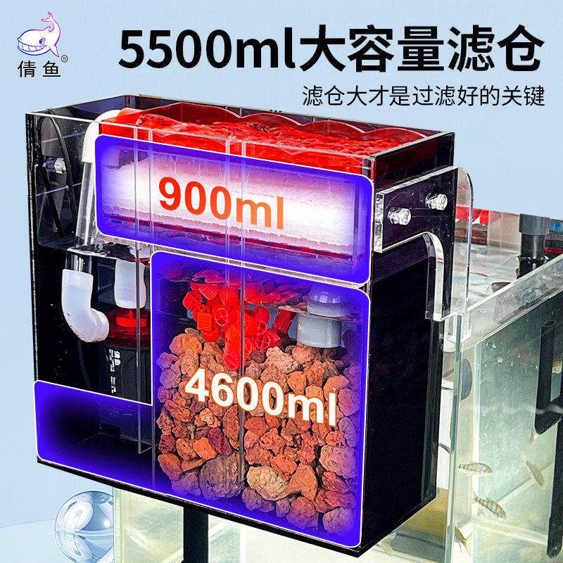 倩鱼壁挂鱼缸过滤器大容量滤材仓通用滴流干湿分离水泵过滤盒内置
