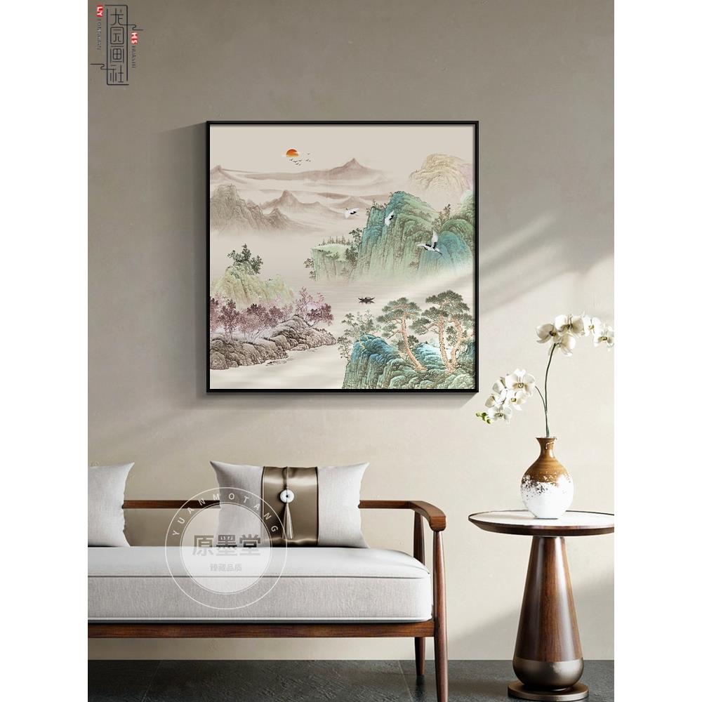 山水画玄关装饰画新中式客厅背景墙挂画正方形国风水墨画风景壁画