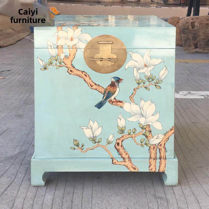 樟木盒床头桌沙发边桌小茶几边桌中国田园彩绘收纳柜书画盒
