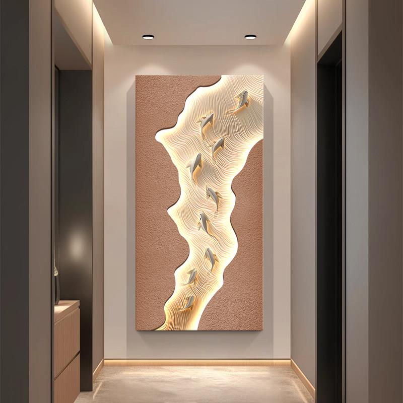 九鱼砂岩新中国风入口装饰画高端入口门挂画立体Led灯壁画