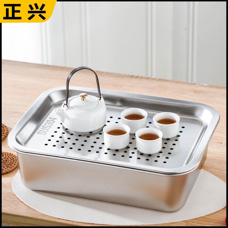 304不锈钢茶盘加厚长方形托盘储水式饺子盘小型沥水茶盘家用茶具