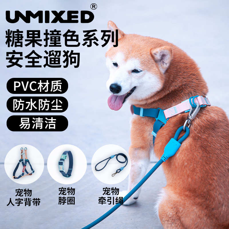 Unmixed狗牵引绳PVC胸背防水遛狗绳中小型犬泰迪柴犬狗脖圈项圈带