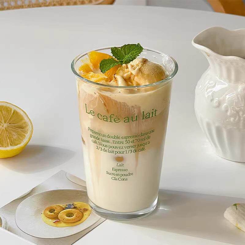 法式简约水杯女韩版ins字母玻璃吸管杯耐热高颜值带盖牛奶咖啡杯