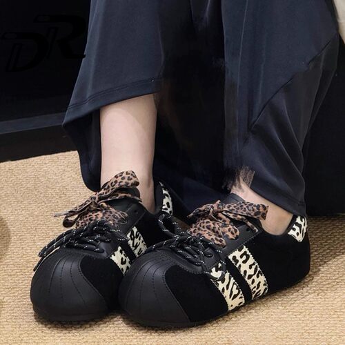 DR韩国Q版丑萌豹纹德训鞋女2025秋季新款内增高5cm拼色小众休闲鞋