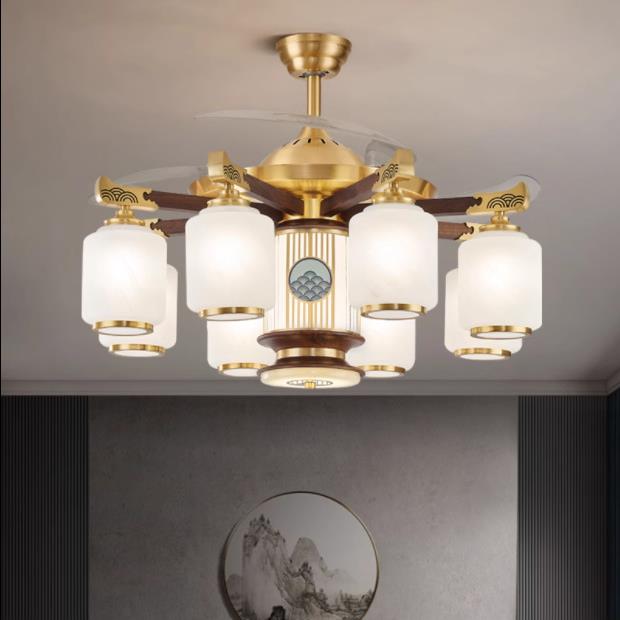 新中928式风扇吊能灯全铜智吊隐形扇灯黑胡木家用一桃体