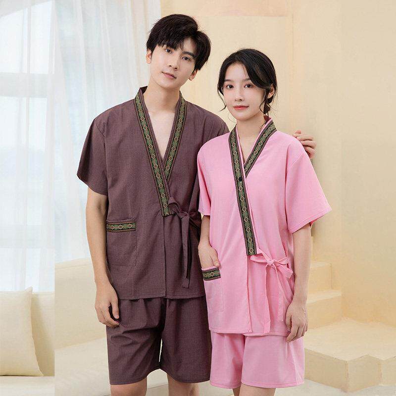 泰式风按摩工作服男女款高端足浴服前开衫系带大码桑拿汗蒸服套装