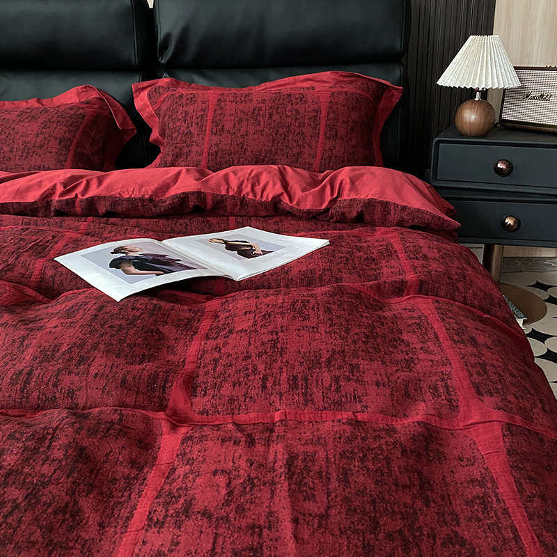 简约红色全棉双层纱提花四件套水洗纯棉被套床上三件套加厚结婚庆,床上用品,婚庆床品套件,淘宝优惠券,粉丝福利购,淘宝优惠卷