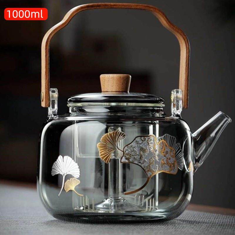 高硼硅玻璃茶壶胡桃木把烟灰色煮茶壶双胆泡茶壶器明火加热提梁壶