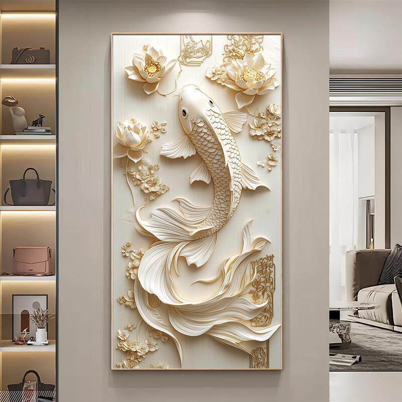吉祥锦鲤新款玄关装饰画高档镶钻带灯过道挂画走廊壁画浮雕立体感