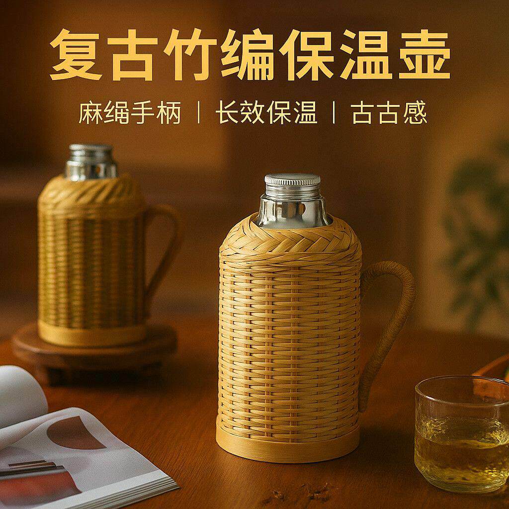 保温壶竹编传统热水壶茶室煮茶暖瓶家用烧水玻璃内胆手工工艺