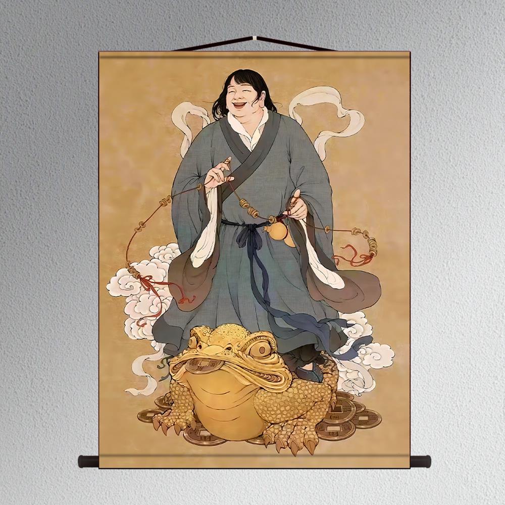 刘海戏金蟾画像挂画童子招财玄关客厅卷轴画丝绸装饰壁画
