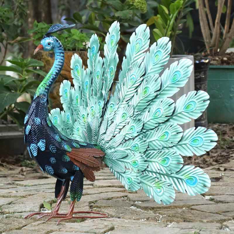 跨境欧美户外庭院别墅动物太阳能花园装饰美式铁艺大孔雀落地摆件