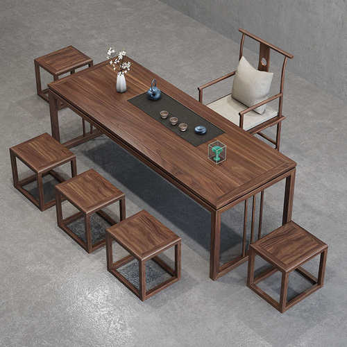 新中式老榆木茶台喝茶桌办公室实木茶桌椅组合一桌五椅原木泡茶桌