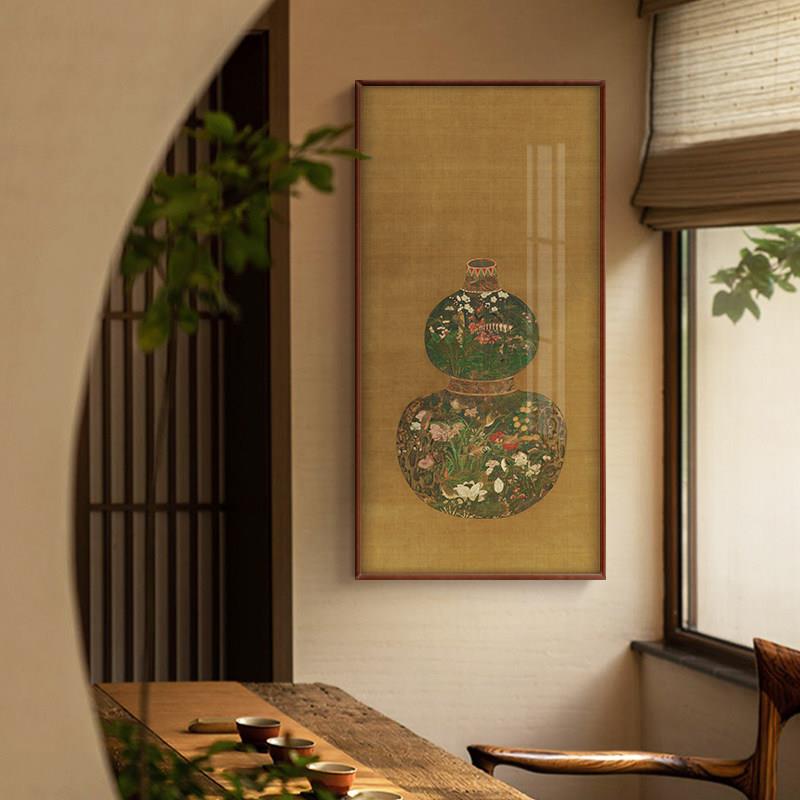 葫芦花瓶图古画中式玄关竖版装饰画客厅茶室挂画民宿复古国画实木
