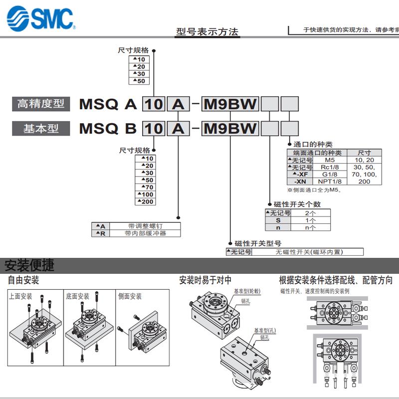 SMC型MSQ系列齿轮齿条式旋转摆台气缸/MSQA10A/20/30/50/70/100-A