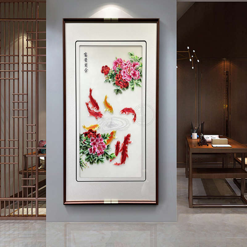 刺绣挂画新中式入户玄关装饰画鸿运当头实木玻璃客厅高档立体苏绣图片