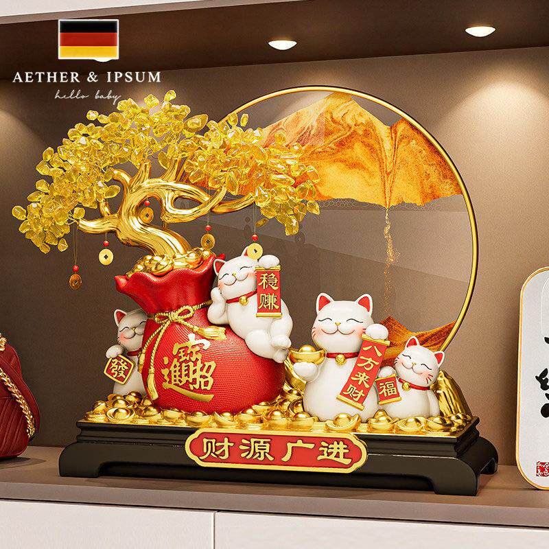 新中式发财树流沙画招财猫摆件家用店铺装饰桌面摆件开业乔迁礼物