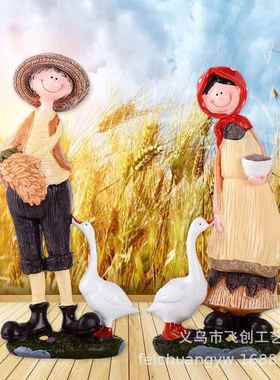 创意树脂欧美田园乡村喂鹅夫妇情侣搁板工艺摆设家居装饰