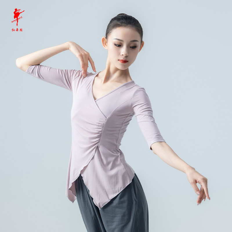 红舞鞋舞蹈服女成人现代舞练功服莫代七分袖春夏跳舞形体服35760