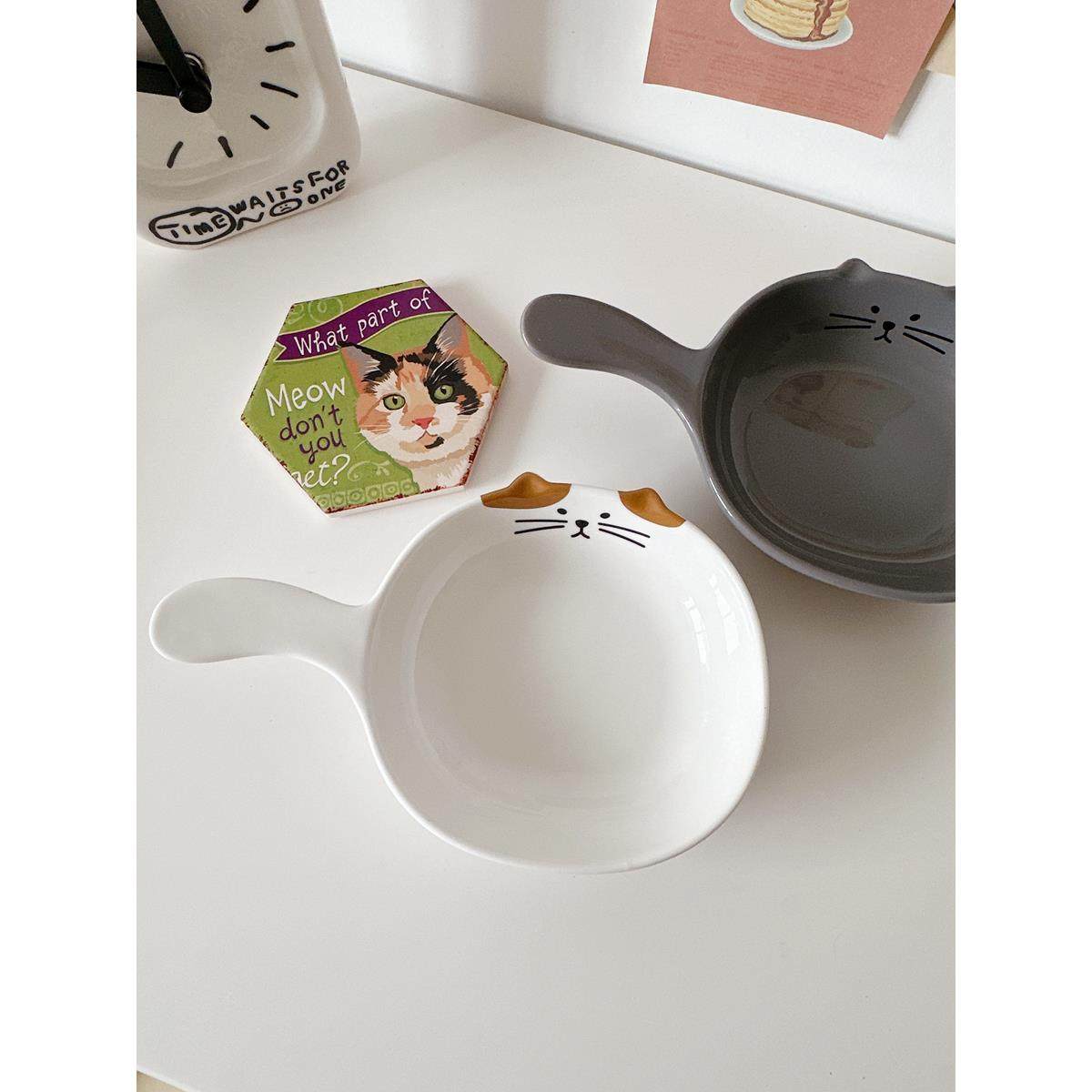 韩国ins猫咪陶瓷带把手柄盘子家用餐盘碗焗饭烤盘水果零食小菜碗