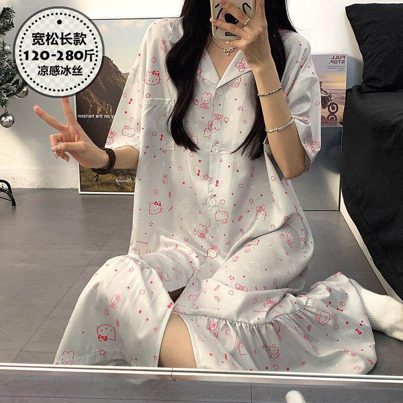 冰丝睡裙女款夏2025新款大尺码胖mm孕妇夏季薄款真丝睡衣长版洋装