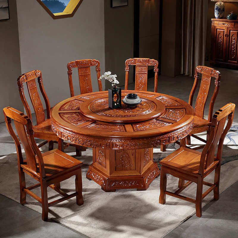 花梨木餐桌中式餐桌椅组合雕花圆桌仿古桌带转盘圆形实木大圆桌