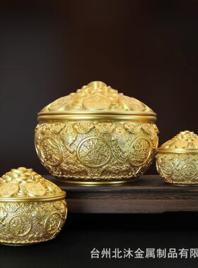 金蟾聚招宝盆带盖元宝桌UDX米聚米全黄铜摆件面家摆用商务件开业