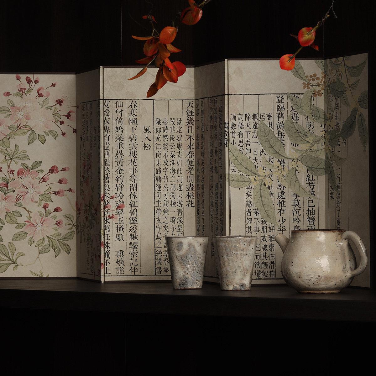 新中式小清新东方风情海棠赋双面桌面小屏风古玩字画背景摆件