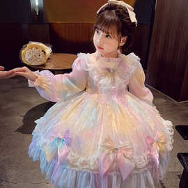 女童洛丽塔公主裙小女孩春装，2024洋气儿童，蓬蓬彩虹网纱连衣裙