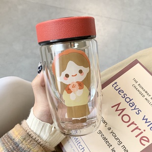 潮流清新花茶隔热防烫便携水杯 高级感双层玻璃杯家用女带滤网个性