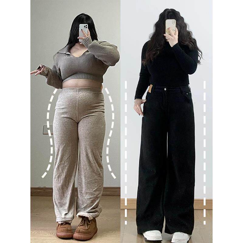 胖mm高街复古牛仔裤女秋冬新款大码女装黑色长裤宽松加绒阔腿裤子