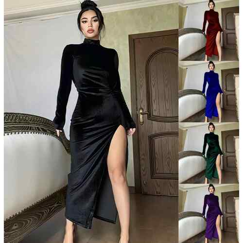 Women's high necked long velvet dress with pleated